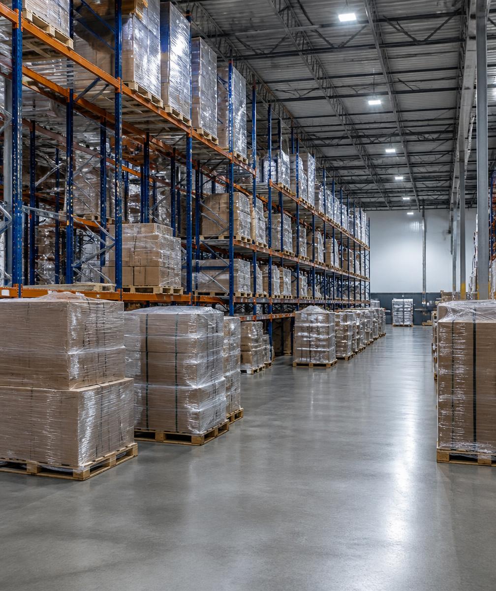 Pallets racked inside a UK third-party logistics warehouse